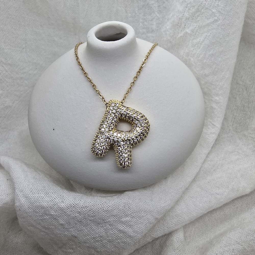 Gold Crystal 'R' Initial Pendant Necklace - Gold